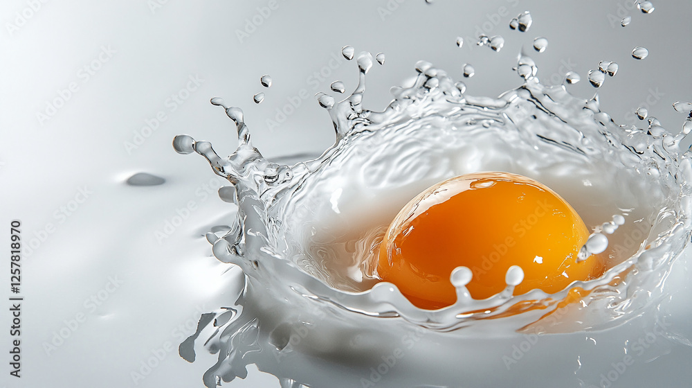 An egg yolk surrounded by a dynamic splash of water, captured in high detail to highlight the fluid movement and the freshness of the ingredients in motion. An egg yolk surrounded by a dynamic splash of water, captured in high detail to highlight the fluid movement and the freshness of the ingredients in motion.