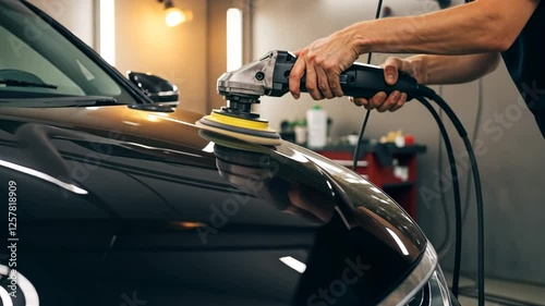 Polishing car, auto detailing and car care service with polisher for vehicle maintenance. Shiny automobile and professional cleaning for body work
