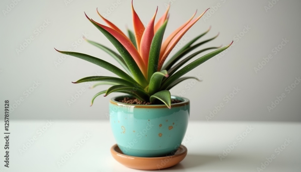 Close-up of Chamaedorea in vibrant ceramic pot against neutral backdrop