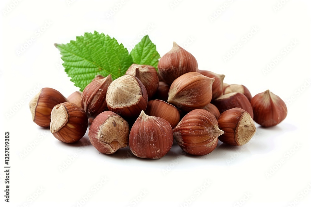 Hazelnuts with green leaves on white background. Neural network AI generated Hazelnuts with green leaves on white background. Neural network AI generated