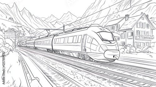 Modern train travels scenic mountain route, houses visible, travel brochure
