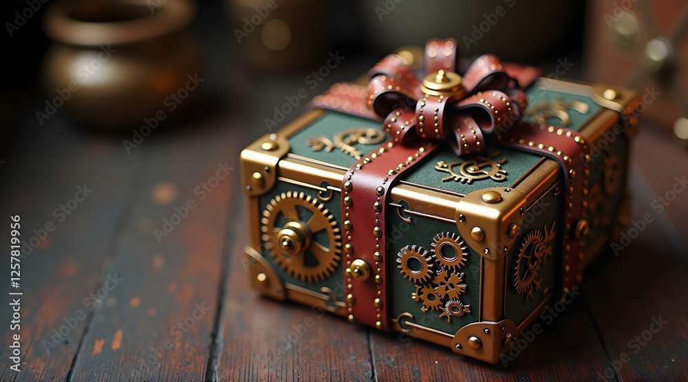 Obraz premium A beautifully crafted steampunk-style gift box featuring intricate gears and a decorative bow, set against a rustic wooden background