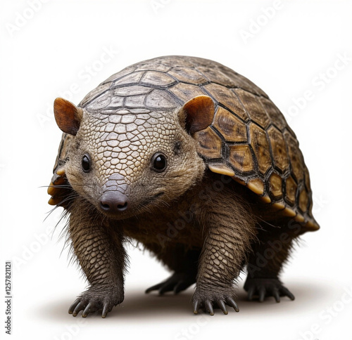 highly detailed and realistic nine-banded armadillo walking forward, isolated on a pure white background photo