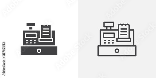 Cash register icons vectors illustrations in black fill and liner versions