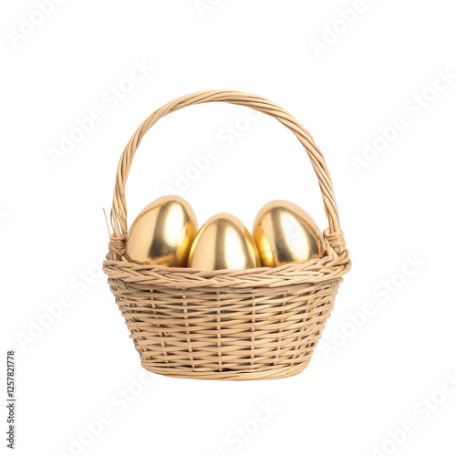 Basket filled with golden eggs on a white isolated background