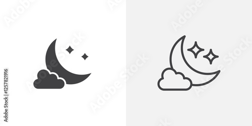 Cloud moon icons vectors illustrations in black fill and liner versions