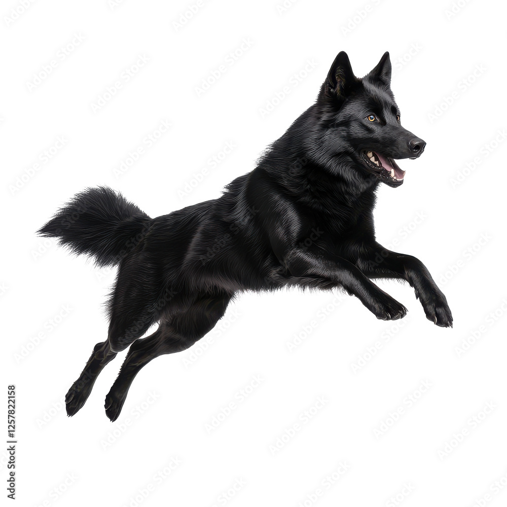 Black dog leaping in mid-air against a white isolated background. Black dog leaping in mid-air against a white isolated background.