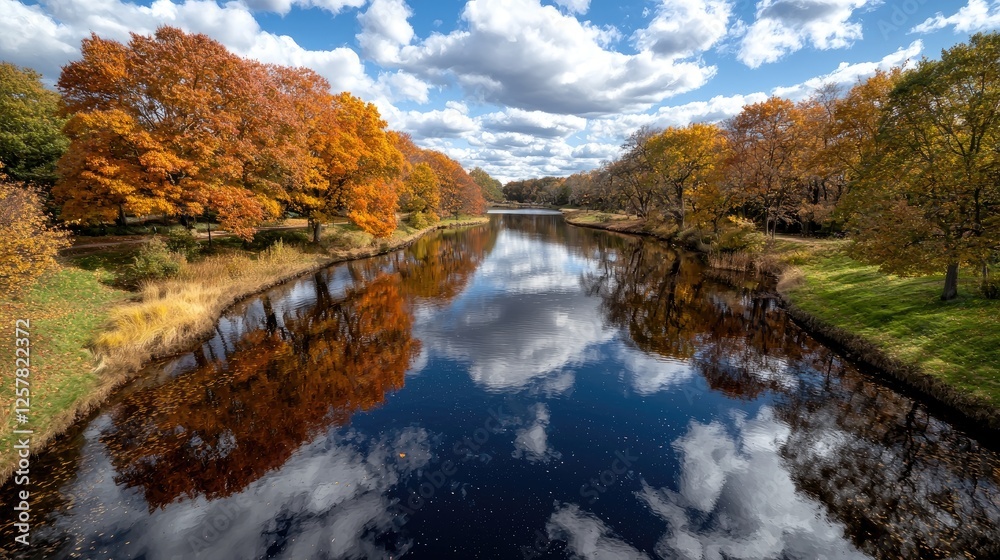 Fototapeta premium Autumn River Reflection, Park Landscape, Fall Colors