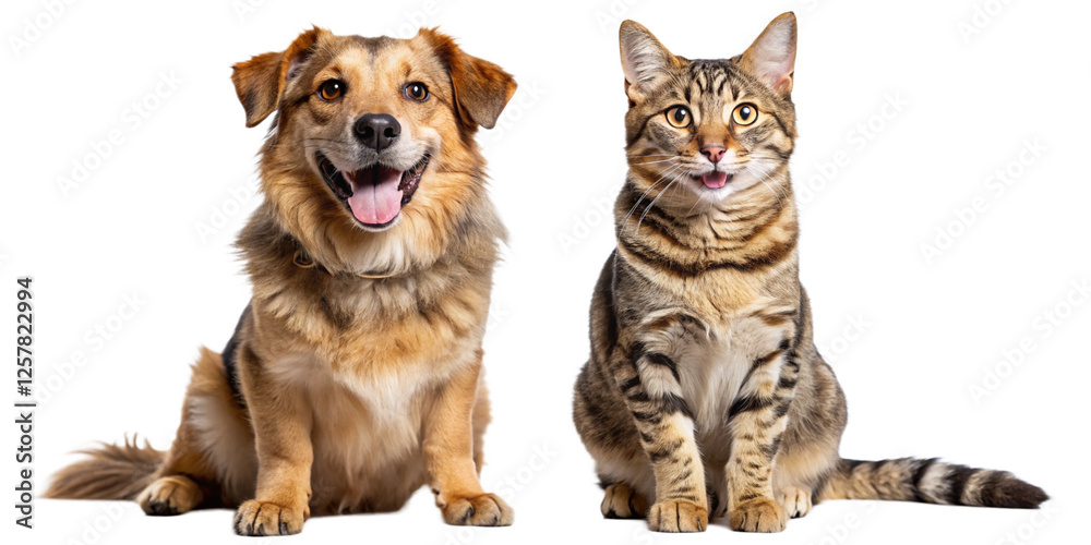 Obraz premium A happy dog and a content cat sitting together, smiling, isolated on a transparent background