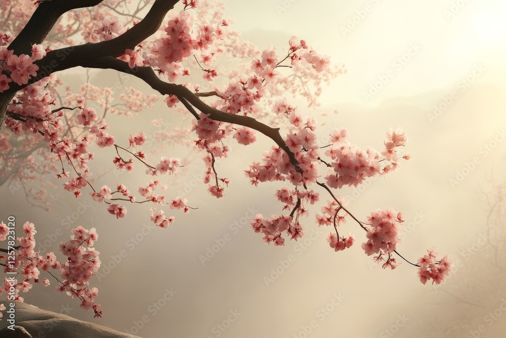 Fototapeta premium Cherry blossoms in bloom against a soft, misty background during early spring at dawn