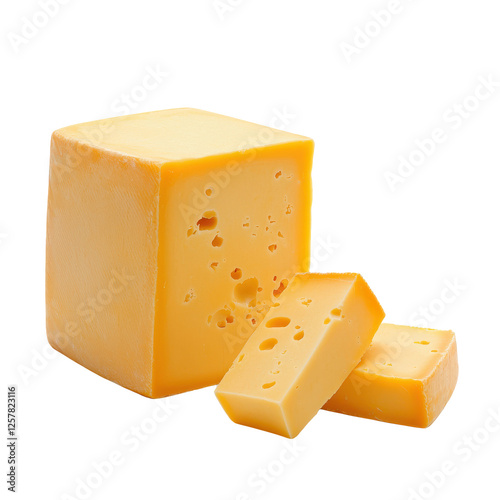 Cheddar cheese block with slices, isolated on a white background.