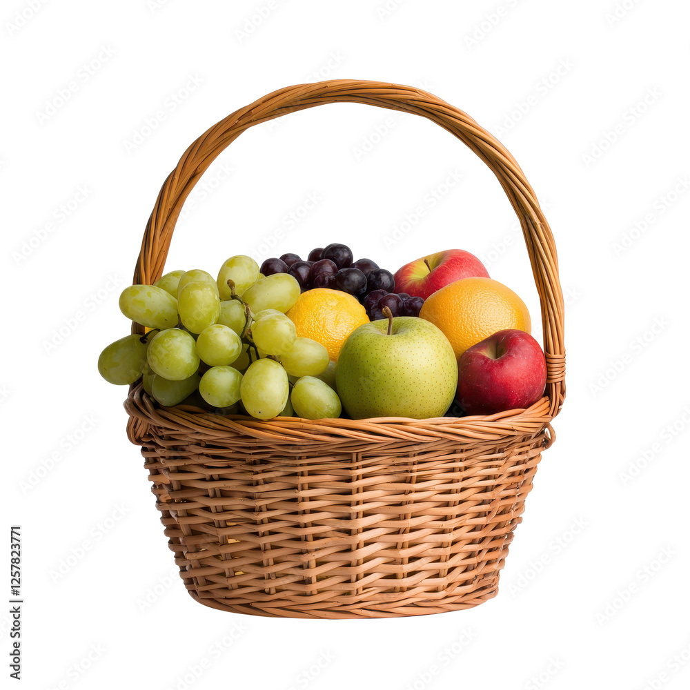 Colorful fruit basket with apples, grapes, and lemons on white isolated background. Colorful fruit basket with apples, grapes, and lemons on white isolated background.