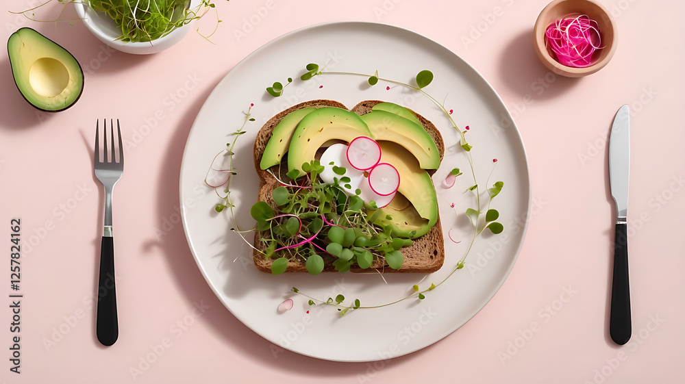 A plate of whole grain toast with tasty gourmet avocado, radish slices and microgreens healthy foods on a background. A plate of whole grain toast with tasty gourmet avocado, radish slices and microgreens healthy foods on a background.