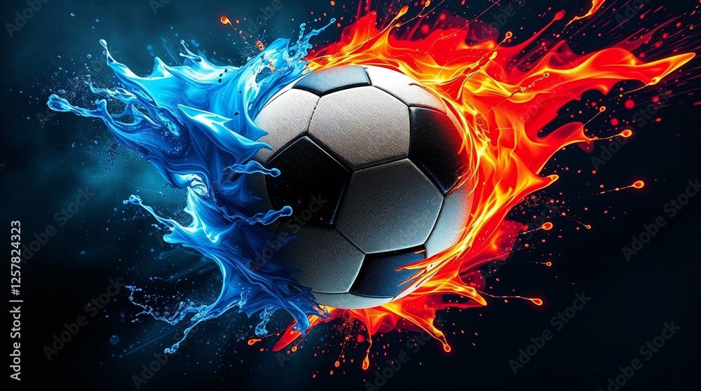 Fototapeta premium A football is shown colliding with air, electric blue and fiery red paint simulating speed