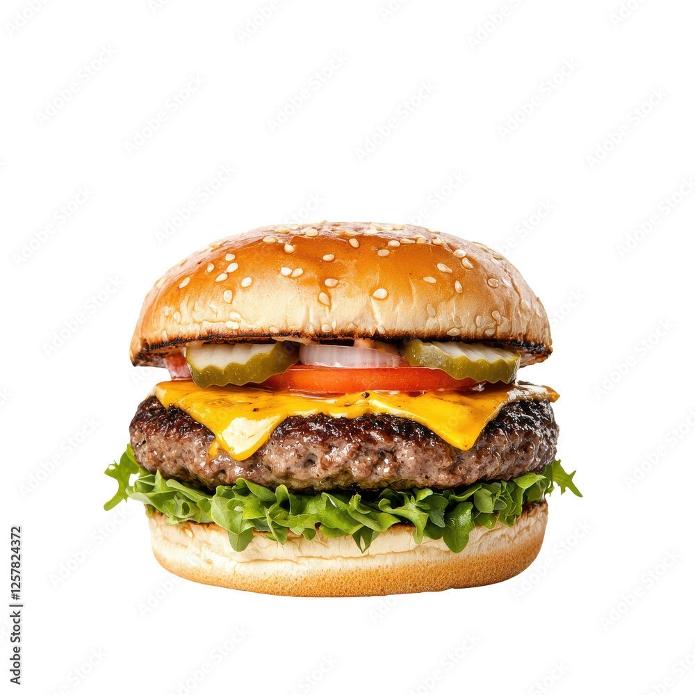 Delicious cheeseburger with lettuce, tomato, and pickles on white isolate background. Delicious cheeseburger with lettuce, tomato, and pickles on white isolate background.