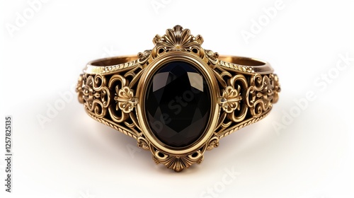 An ornate Victorian mourning ring with black onyx centerpiece, isolated on white. The intricate gold setting and deep black stone create a dramatic contrast.