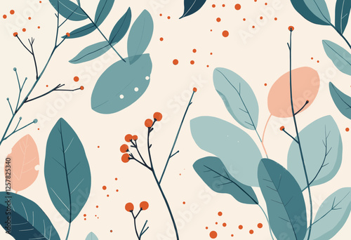 Stylized leaves and berries in shades of green, blue, and orange, with scattered orange dots throughout the background. Vector patterns, random pattern