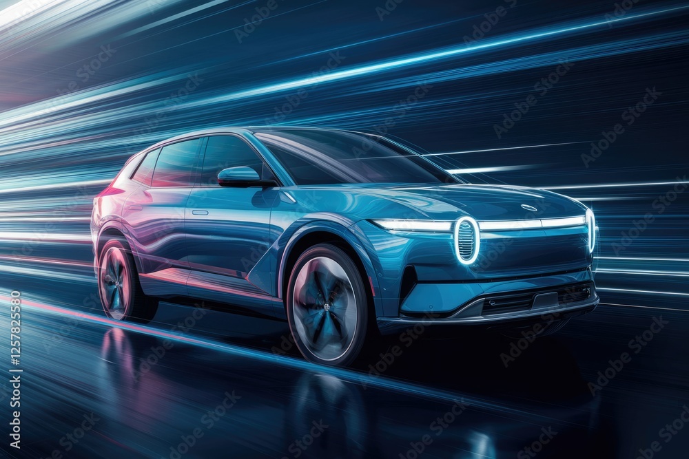 Obraz premium A sleek, blue electric SUV speeds down a highway, showcasing its futuristic design and rapid acceleration.