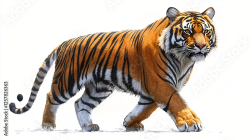 a tiger walking across a white surface