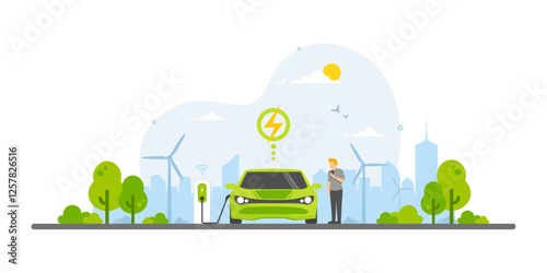 Electric car connected plug in charging station, Innovative smart vehicles energy saving and environmental protection, Renewable energy, Sustainable ecology and Technology for Green city low carbon.
