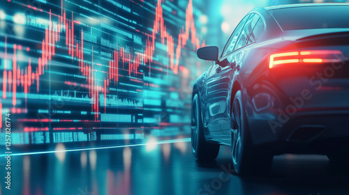 Futuristic electric car driving through digital city. Features glowing stock market charts, advanced technology, and modern urban environment.