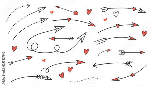 Hand drawn arrows and hearts. Doodle cute glitter pen line elements. Vector set of doodle arrows.