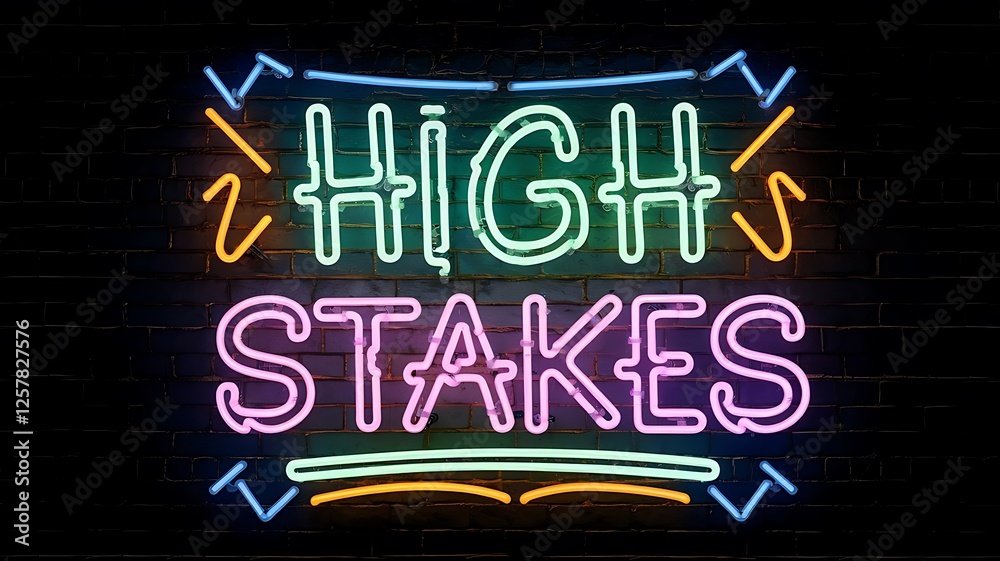 Colorful Neon Sign High Stakes Brick Wall Colorful Neon Sign High Stakes Brick Wall
