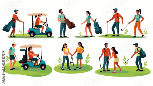 A lively golf course scene featuring people playing golf and engaging in various activities. Different characters in action, showcasing diverse poses and movements in a detailed vector illustration.