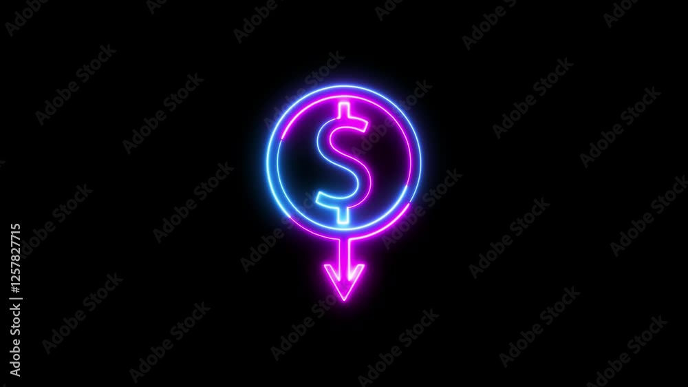 Money loss. Cash with down arrow stocks graph sign with neon line on black background. Money loss. Cash with down arrow stocks graph sign with neon line on black background.