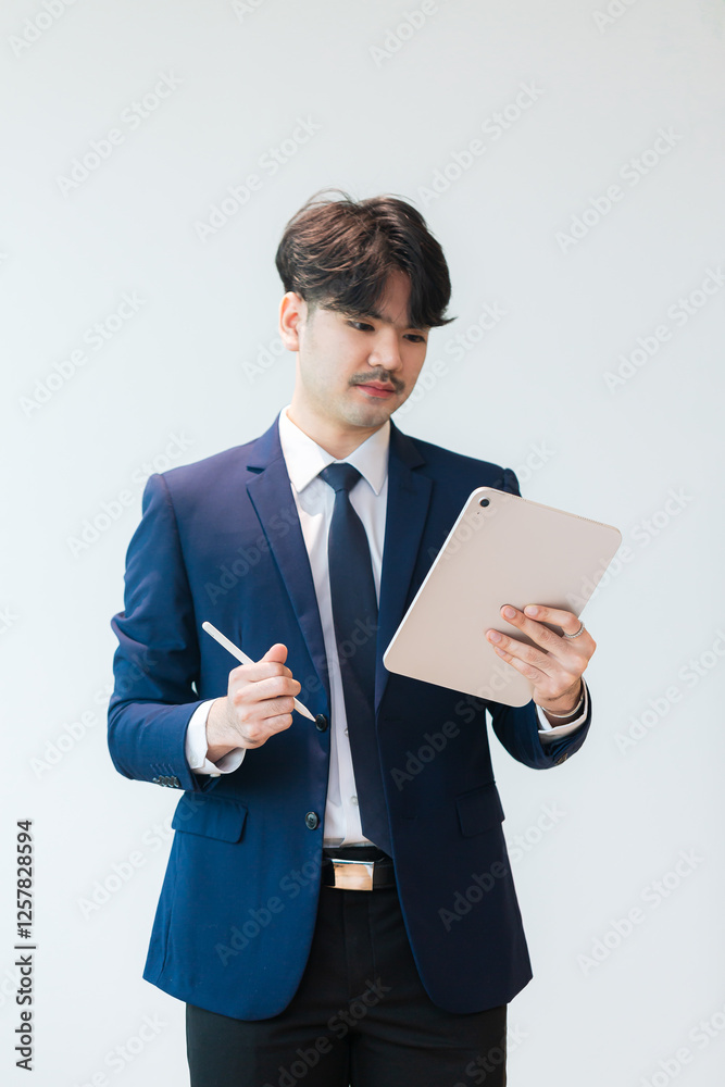 Young Asian businessman working with tablet in hand isolated on white background,portrait of young businessman in suit ,tie using tablet standing posing white background Young Asian businessman working with tablet in hand isolated on white background,portrait of young businessman in suit ,tie using tablet standing posing white background