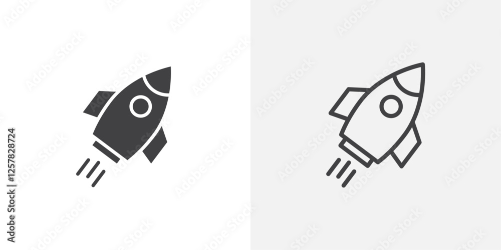 Rocket launch icons vectors illustrations in black fill and liner versions