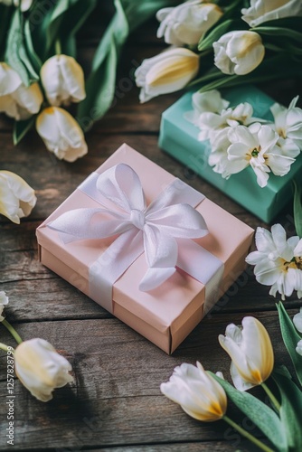 A beautifully wrapped gift box with a pink ribbon and bow, set against the backdrop of vibrant tulips. Perfect for spring gifting or festive occasions.