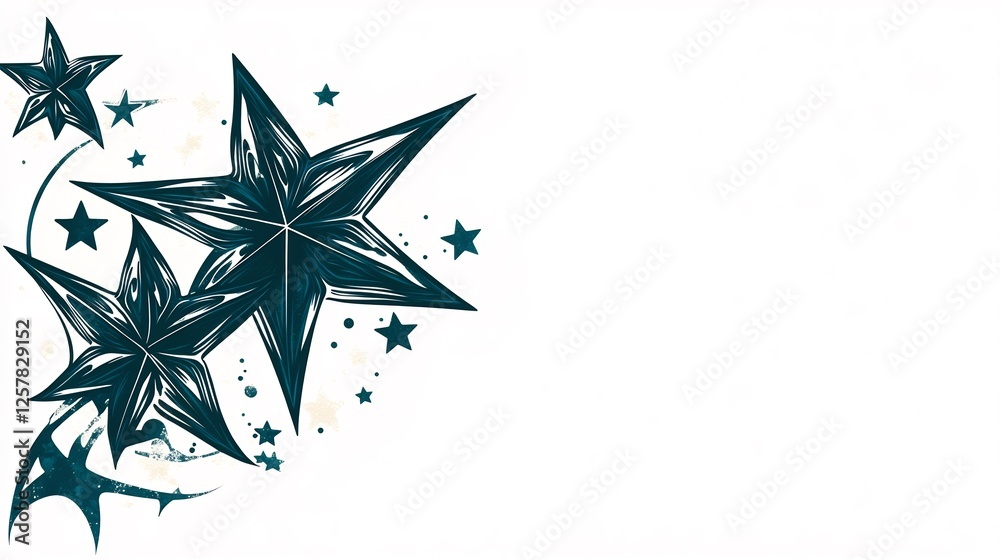 Obraz premium Dark teal stars swirl dynamically across white background creating vibrant design. AI Generated