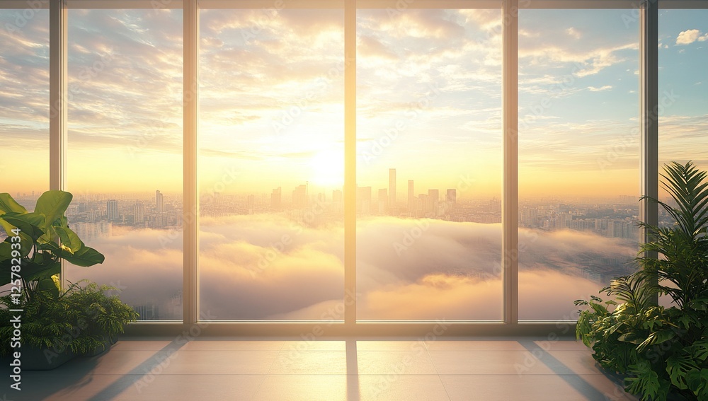 Fototapeta premium Sunrise Cityscape Viewed from Modern Room with Plants, Golden Hour Light Bathes the Scene, Serene Atmosphere.