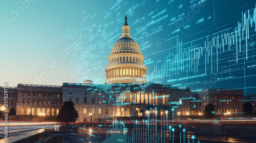US Capitol building with digital overlay symbolizes evolving political landscape, data analysis, and government technology advancements for future governance.