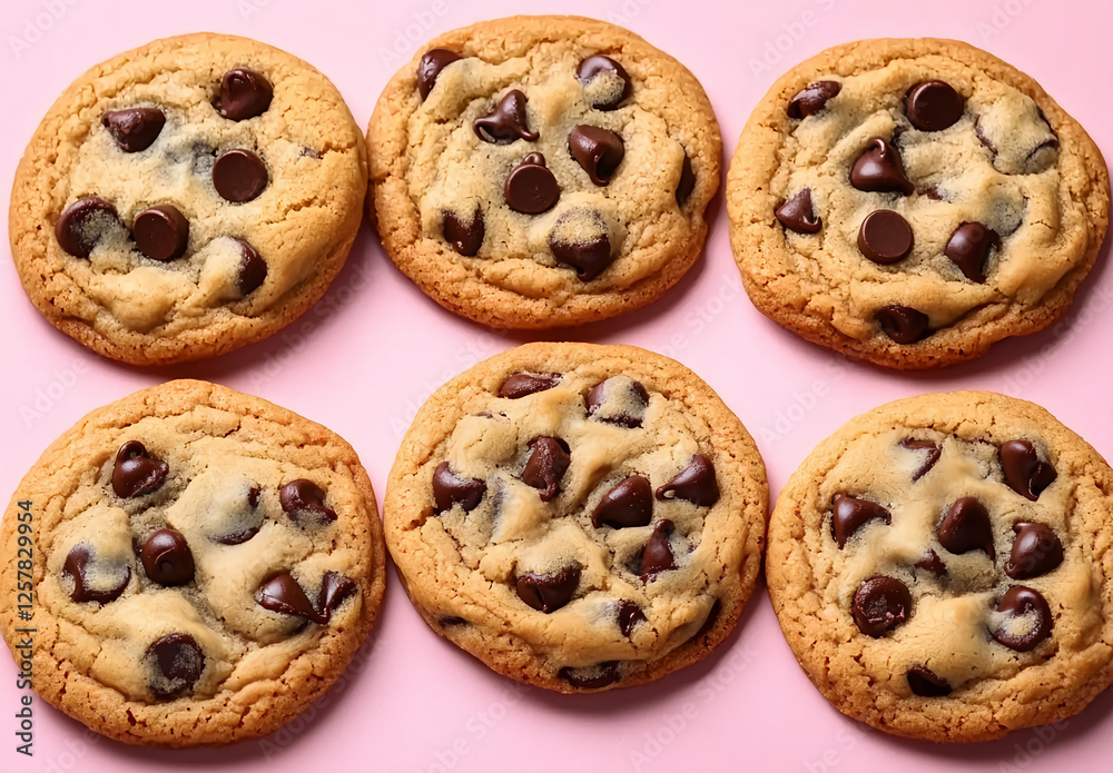 A pattern of chocolate chip cookies on a pink background, flat lay, top view, stock photo for advertising and social media post use. A pattern of chocolate chip cookies on a pink background, flat lay, top view, stock photo for advertising and social media post use.