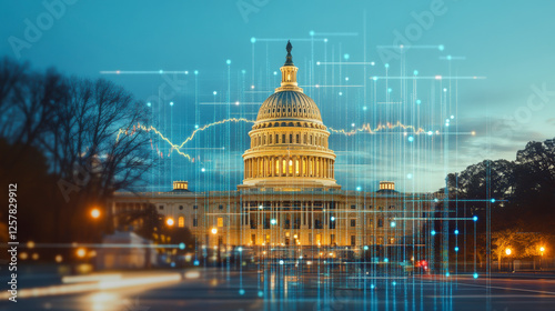 Illuminated Capitol building at dusk with digital data overlay, highlighting political technology advancements and legislative future insights.