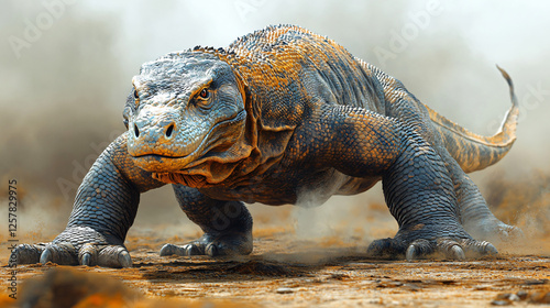 a large dinosaur walking across a dirt covered ground