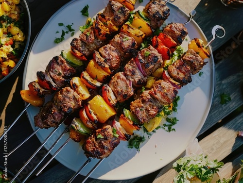 Delicious shish kebab with a variety of vegetables on skewers.