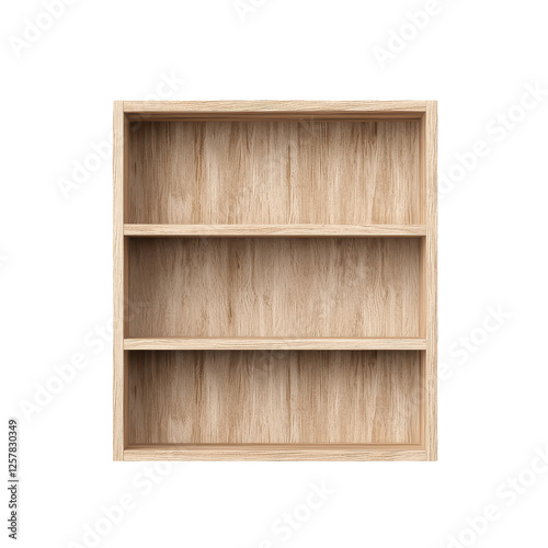 Wooden bookshelf with three shelves on a white isolated background.
