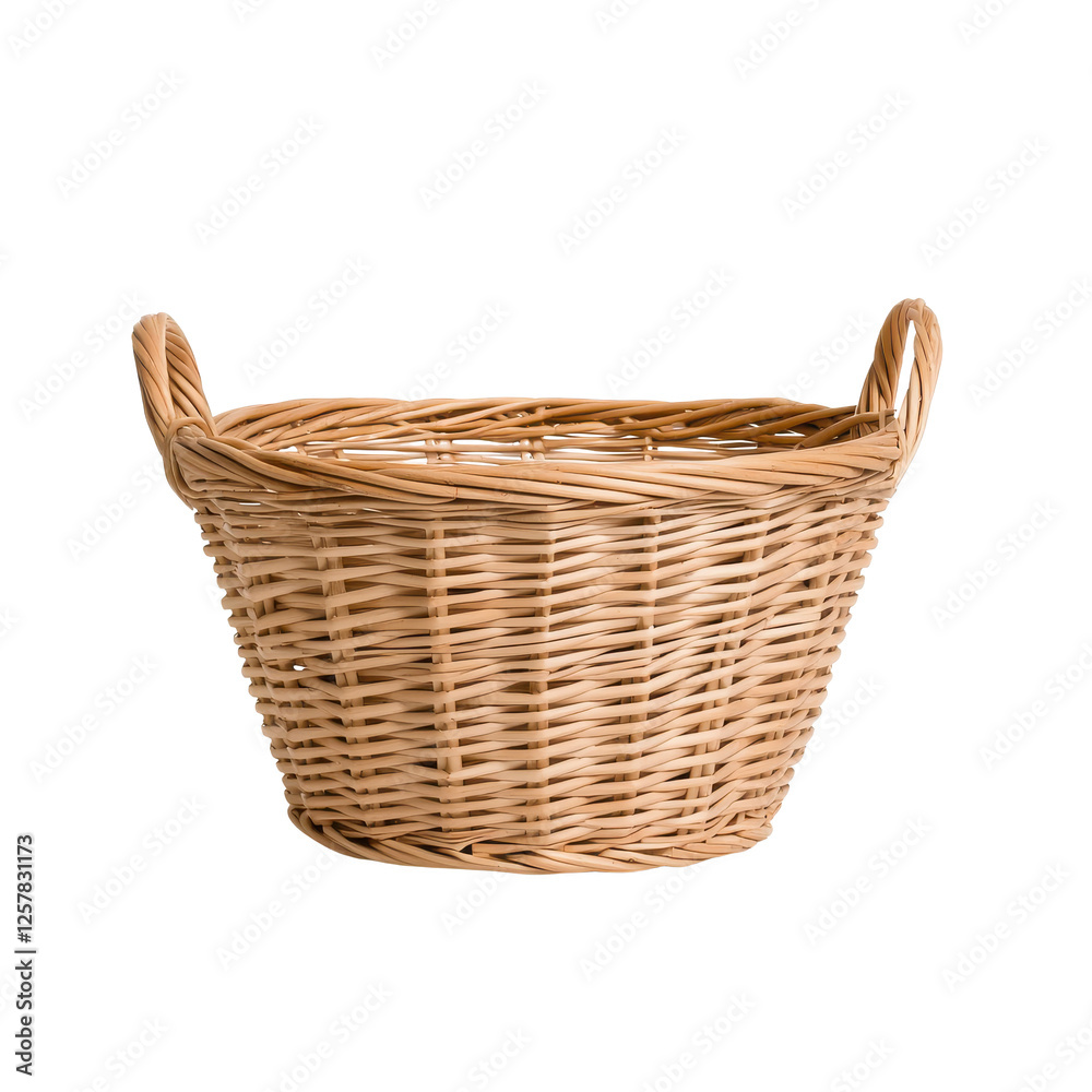 Woven wicker basket with handles, suitable for storage and decoration. Woven wicker basket with handles, suitable for storage and decoration.