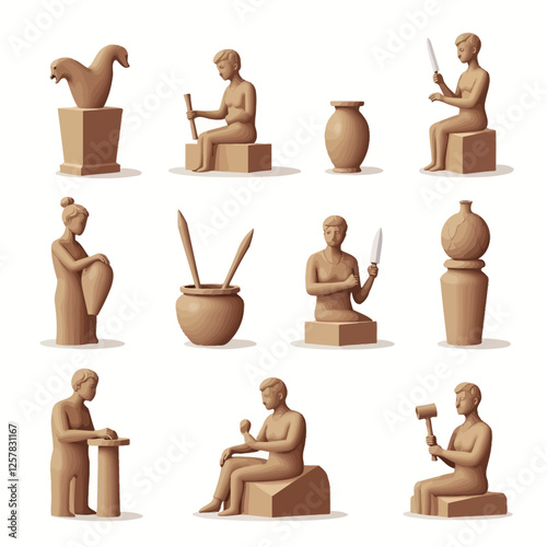 Sculptors create sculptures from stone, clay and pottery. Creative people make figurines with chisels and hammers. Set of flat isolated vector illustrations on white background.