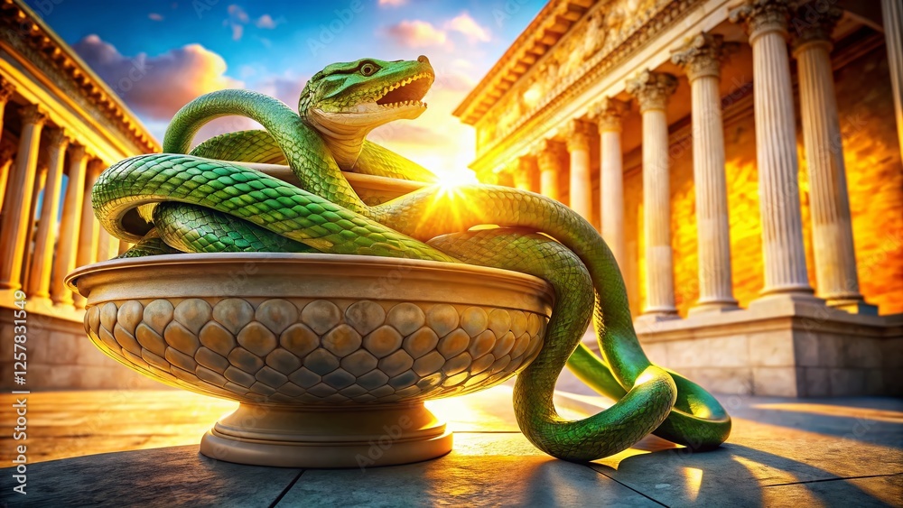 Fototapeta premium Ancient Bowl of Hygieia with Serpent, Medical Symbol, Architectural Setting, High-Resolution Stock Photo