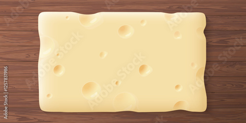 A piece of swiss cheese cross section texture on wooden plate background graphic illustration.