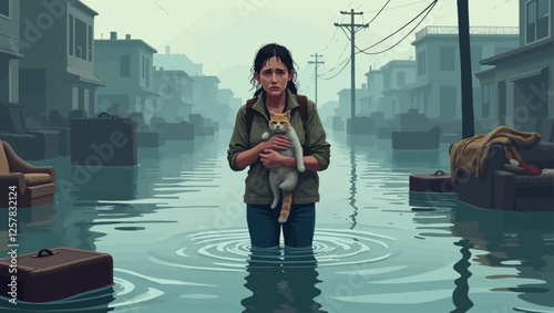 Civilians walk through flood waters, rescuing pets and belongings. People protect what they love, showing unity and determination in the face of a natural disaster.