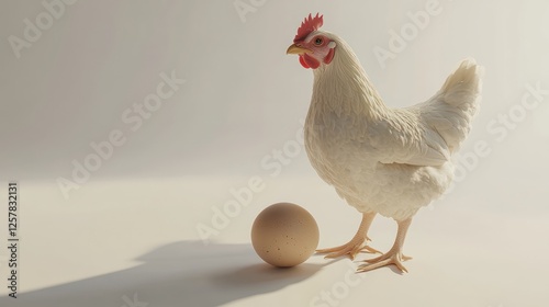 Wallpaper Mural White Hen and Egg Studio Shot: A pristine white hen stands proudly next to a single, light brown egg against a minimalist white background. The image conveys freshness, purity, and the cycle of life. Torontodigital.ca