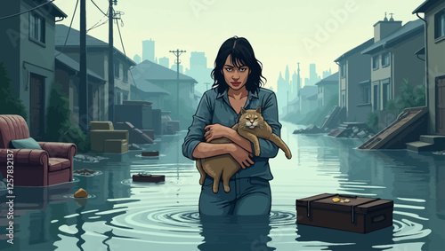Civilians walk through flood waters, rescuing pets and belongings. People protect what they love, showing unity and determination in the face of a natural disaster.