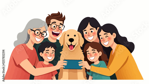 A large family smiles and takes a selfie with their dog. Many generations, including children, parents and grandmother, pose together for a joyful family photo. vector illustration.