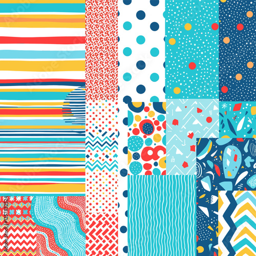 A vibrant collage of various patterns and designs, including stripes, polka dots, zigzags, and abstract shapes, arranged in a visually appealing manner. Vector patterns, random pattern