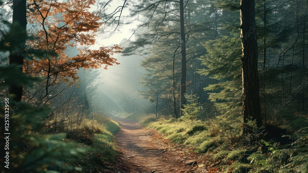Fototapeta premium Serene forest path illuminated by sunlight, perfect for outdoor adventures and peaceful walks in nature
